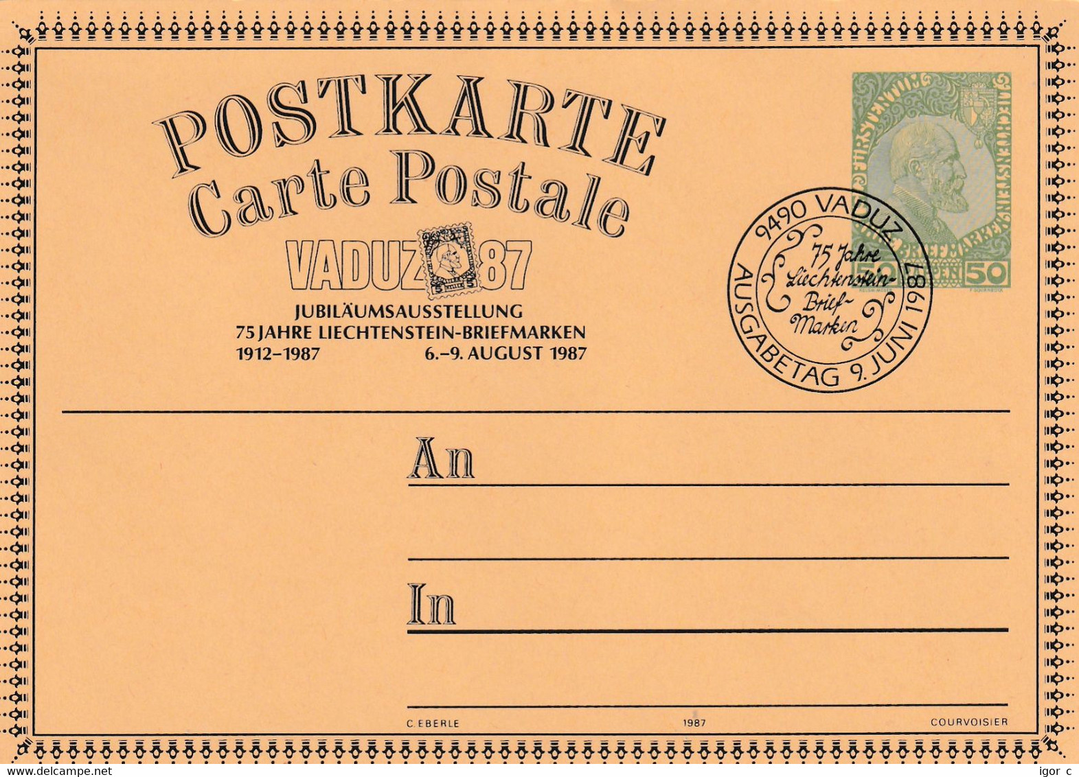 Liechtenstein 1987 Postal Stationery Card; 75 Stamps In Liechtenstein; Vaduz Cancellation - Interi Postali