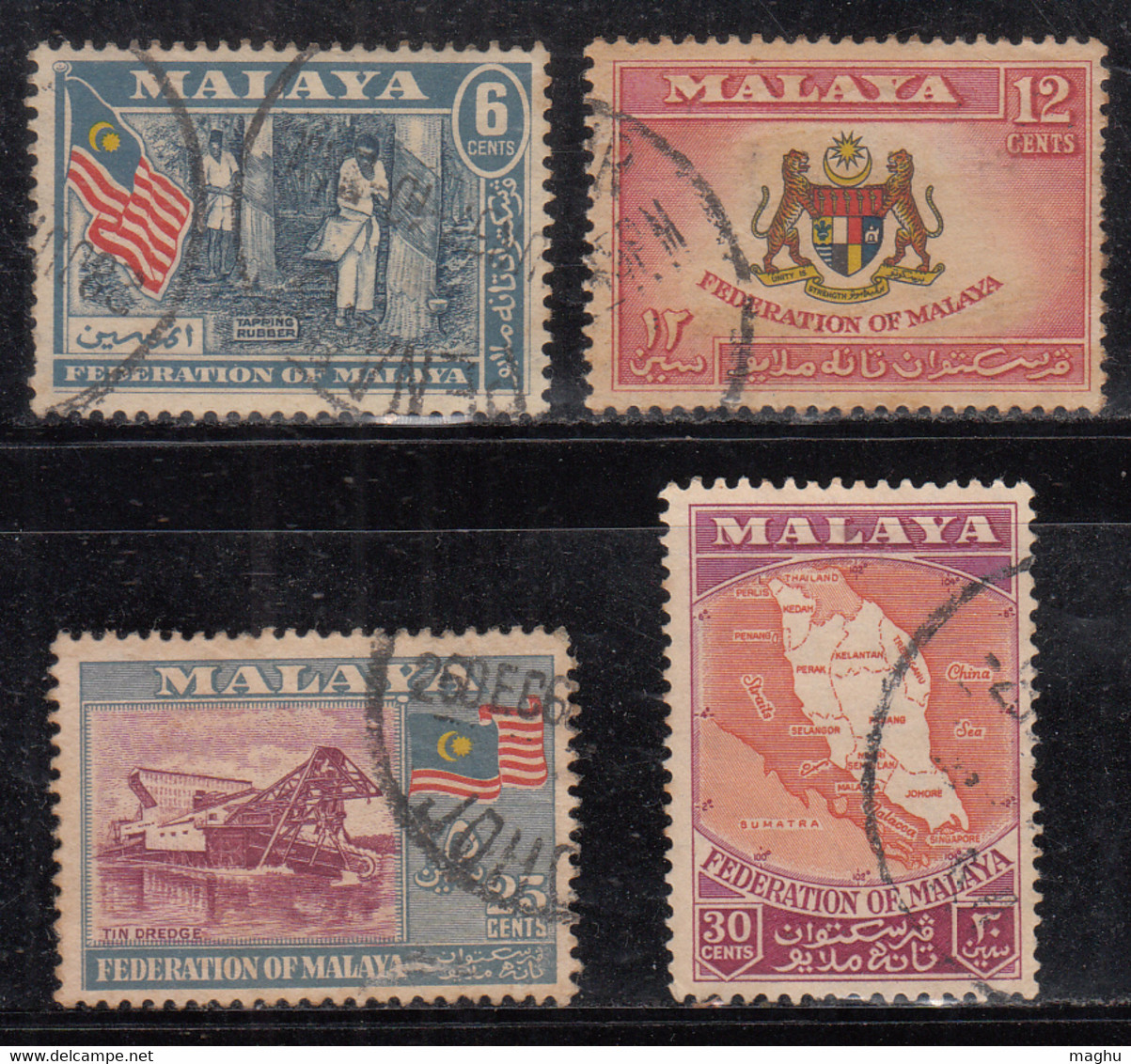 Set Of 4 Malaya Federation, Malaysia Used 1957, Rubber Tree, Job, Tin Dredger, Mineral, Coat Of Arms,  Tiger, Map, Flag - Federation Of Malaya
