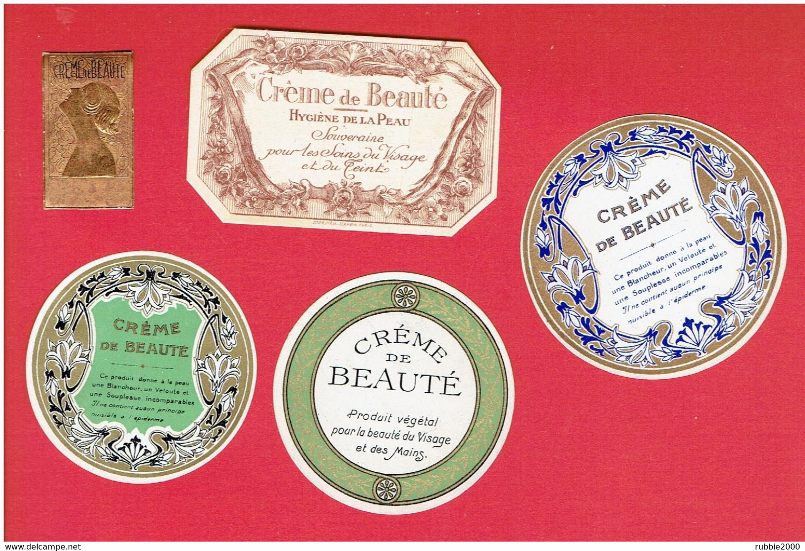 5 ETIQUETTES ANCIENNES CREME DE BEAUTE HYGIENE DE LA PEAU POUR LES SOINS DU VISAGE - Labels