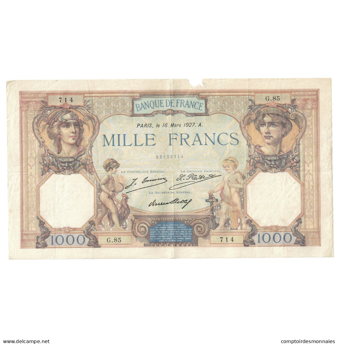 France, 1000 Francs, Bleu Et Rose, 1927, G.85, TB, Fayette:37.1, KM:79a - 1 000 F 1889-1926 ''Bleu Et Rose''
