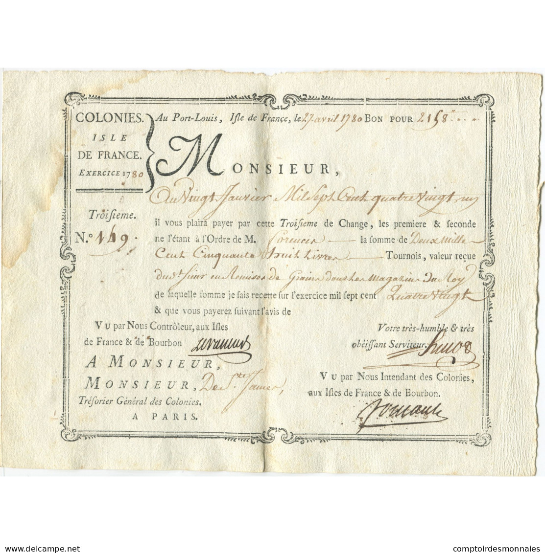 France, Traite, Colonies, Isle De France, 2158 Livres, 1780, TTB - ...-1889 Circulated During XIXth