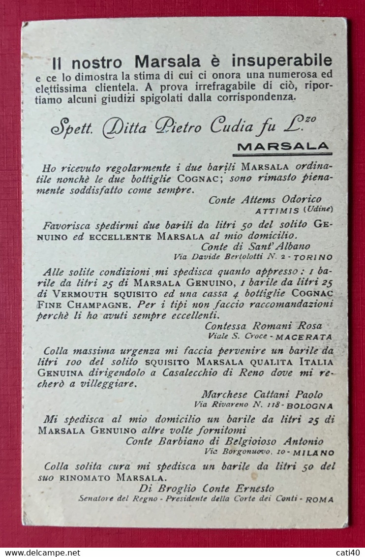 VINI - DISTILLERIA - PIETRO CUDIA - MARSALA - CARTOLINA PUBBLICITARIA CON PREZZI...- VIAGGIATA   P.F.253-677 - Marsala