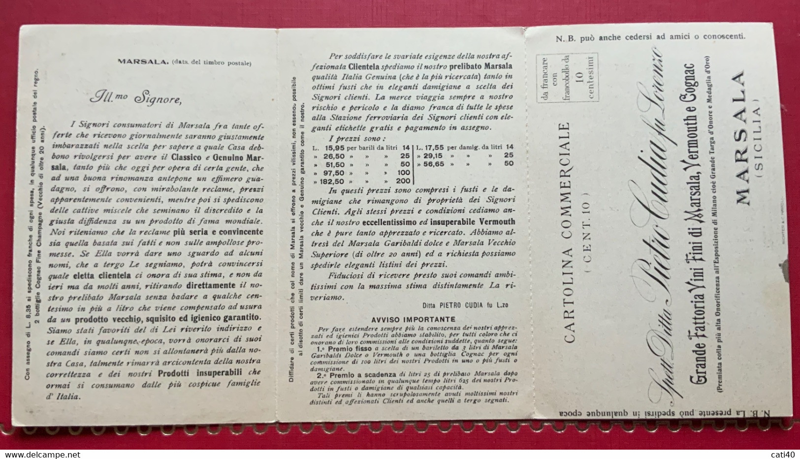 VINI - DISTILLERIA - PIETRO CUDIA - MARSALA - CARTOLINA PUBBLICITARIA CON PREZZI...- VIAGGIATA   P.F.253-677 - Marsala