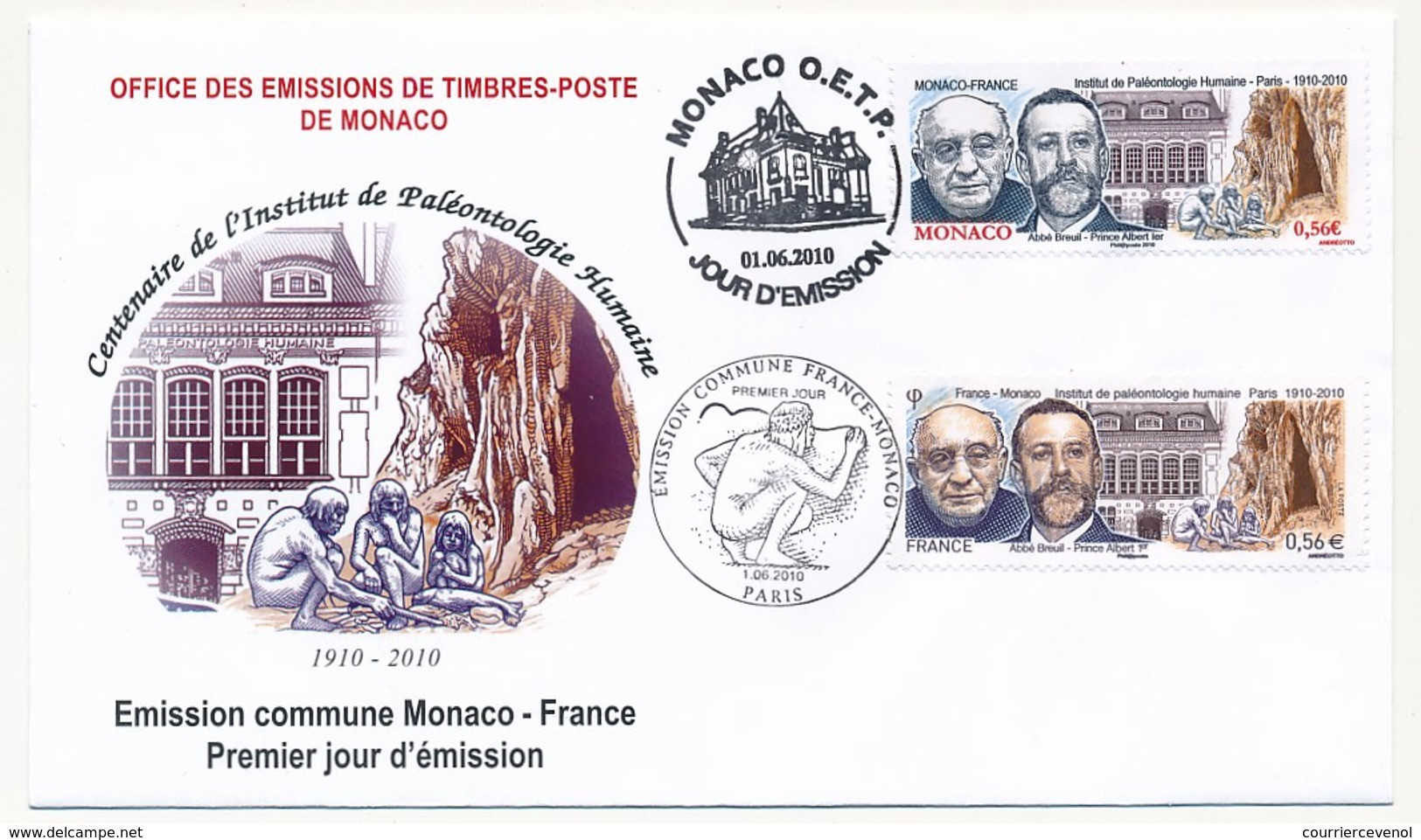 FRANCE / MONACO - Emission Commune Centenaire De L'Institut De Paléontologie Humaine 01/06/2010 - FDC