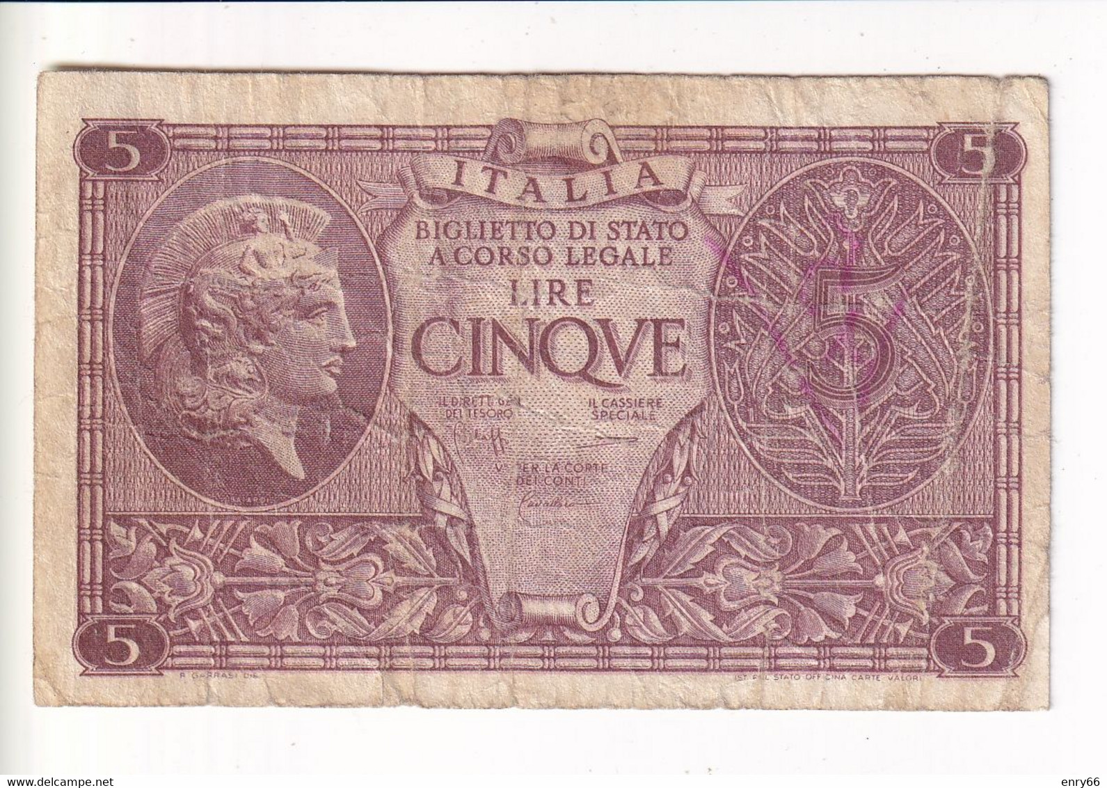 ITALIA 5 LIRE 1944 CAT. 14C - Italia – 5 Lire