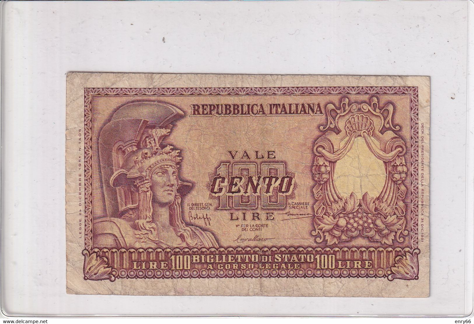 ITALIA 100 LIRE 1951 CAT. 24A - 100 Lire