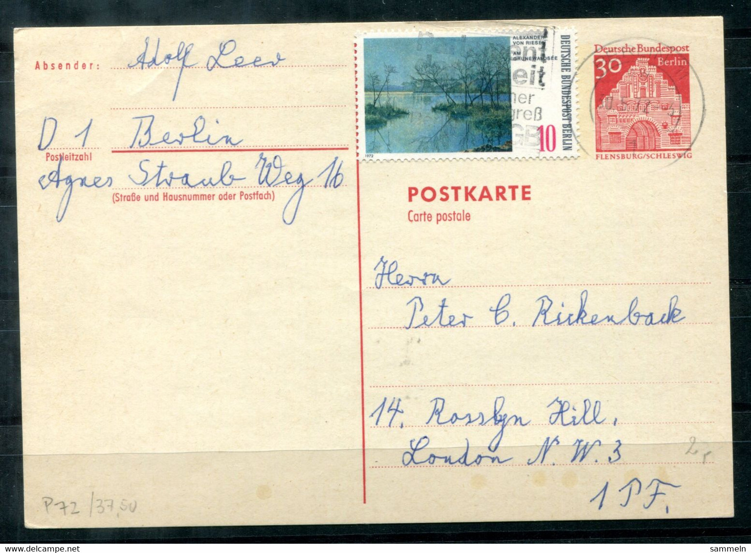 BERLIN - Ganzsache P 72 Als Auslandskarte Mit Zusatzfrankatur, Portogerecht - 10.5.72 Nach London - Cartes Postales - Oblitérées