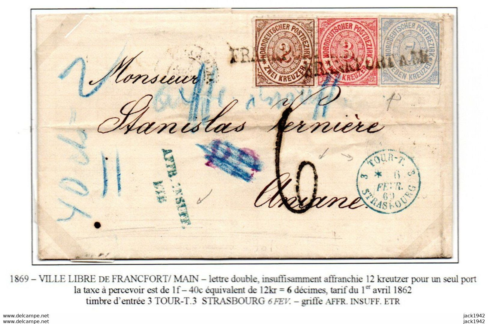 1869 - Conf. Allemagne Du Nord (1868-1871) Ville Libre De Frankfort/Main, Affr.12 Kreutzer, Taxe 6 Déc. à Aniane - Lettres & Documents