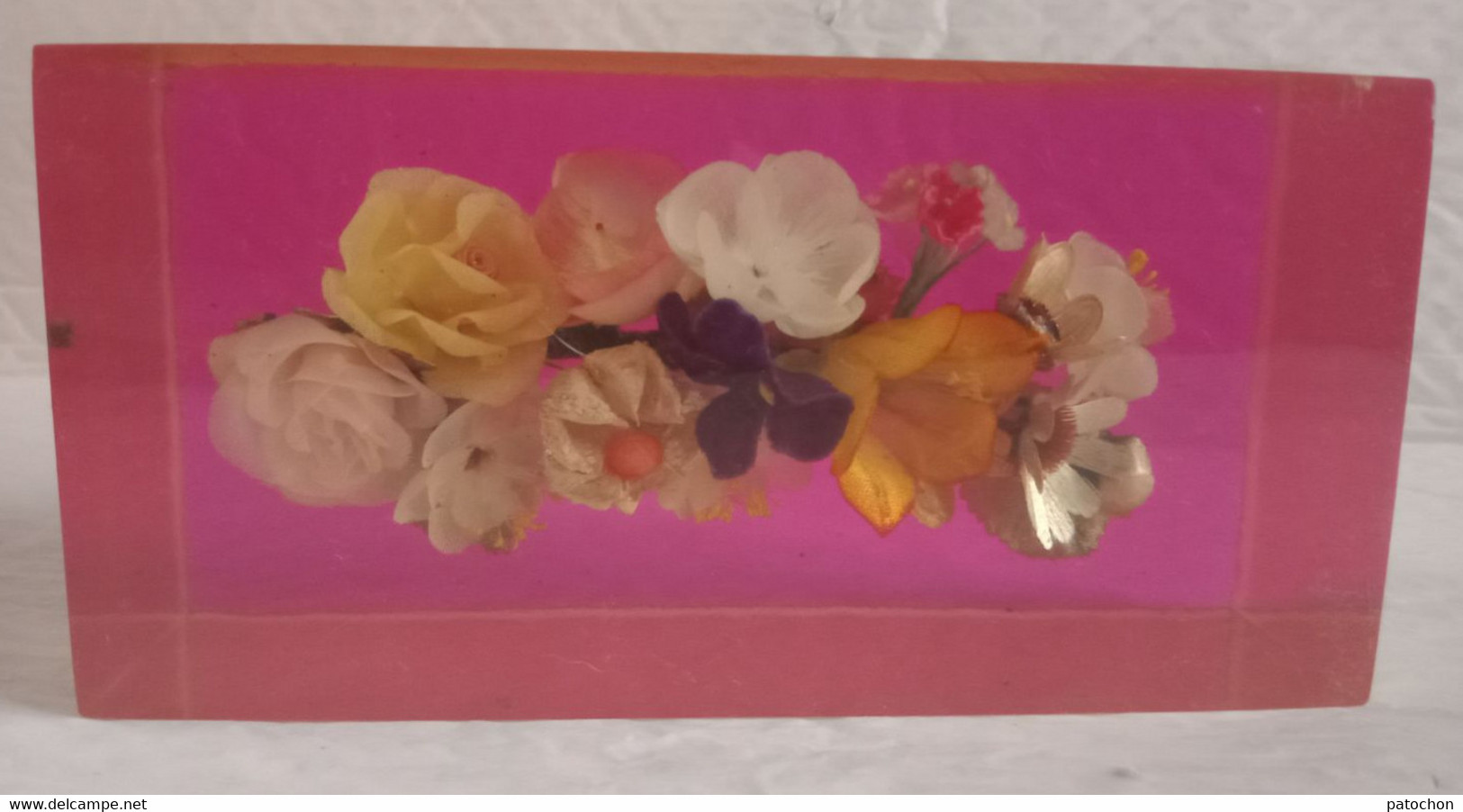 Résine Inclusion Vintage Bloc Presse Papier Fleur Tissu 7x8,5x17,5cm Fond Vieux Rose! - Art Contemporain