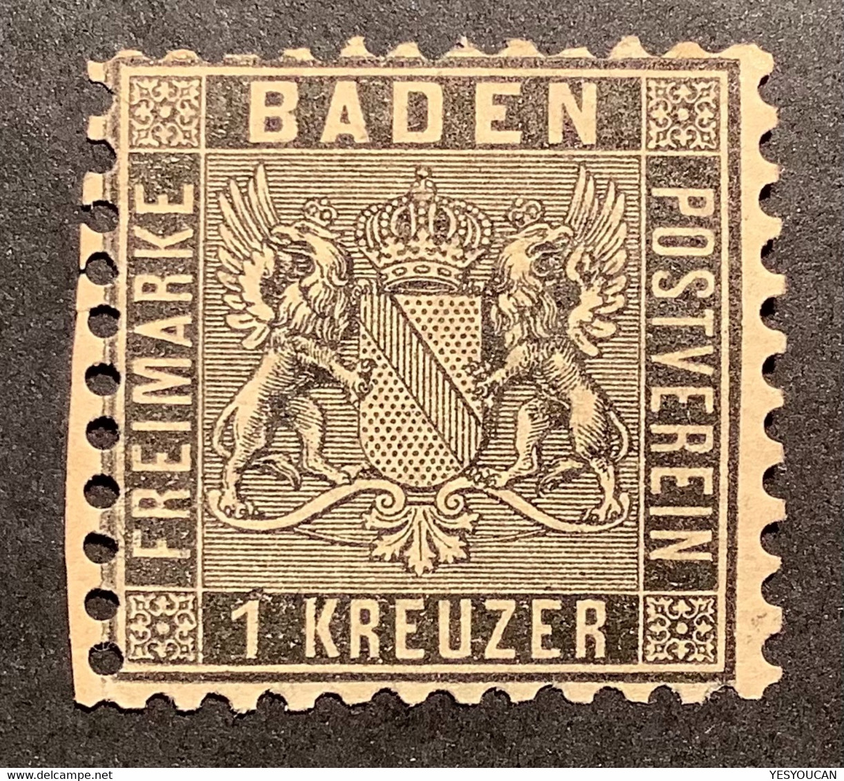 Baden 1860 Mi 9 Mit PLATTENFEHLER "BEULE ÜBER 1 VON KREUZER" 1 Kr Schwarz Tadellos Ungebraucht * Gepr. A.Brun (Bade MLH - Neufs