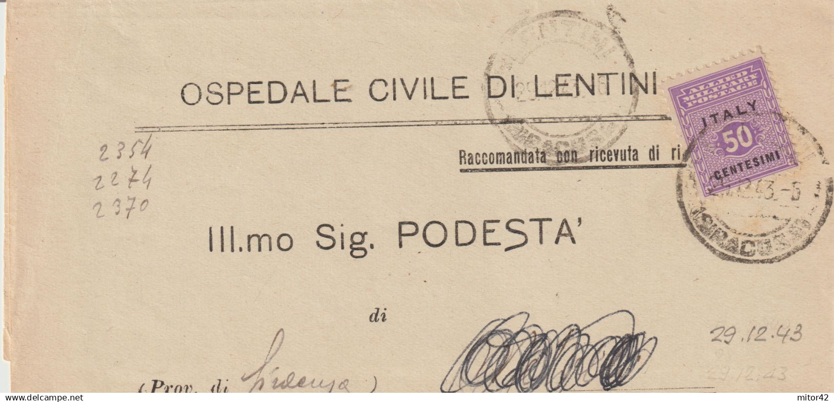 173-AMGOT-Occupazione Alleata Sicilia-30c.Ricevuta Di Ritorno (A.R.) X Atti Giudiziari-Comiso-Ragusa-Non Comune. - Anglo-american Occ.: Sicily