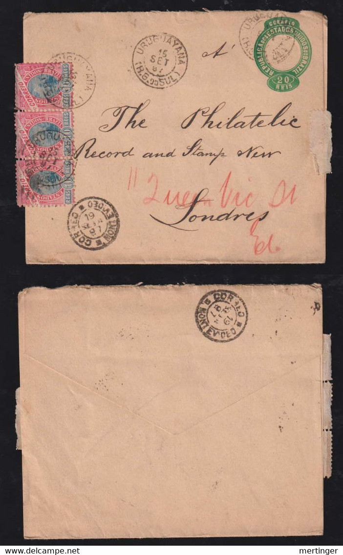 Brazil Brasil 1897 Uprated Stationery Wrapper URUGUYANA Via MONTEVIDEO Uruguay To LONDON - Covers & Documents