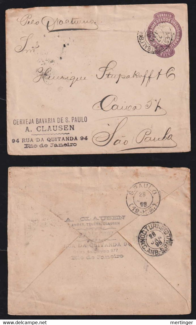 Brazil Brasil 1898 Stationery Envelope AMBULANTE NOCTURNO Rio X Sao Paulo Railway Postmark Cerveja Bavaria Clausen - Storia Postale