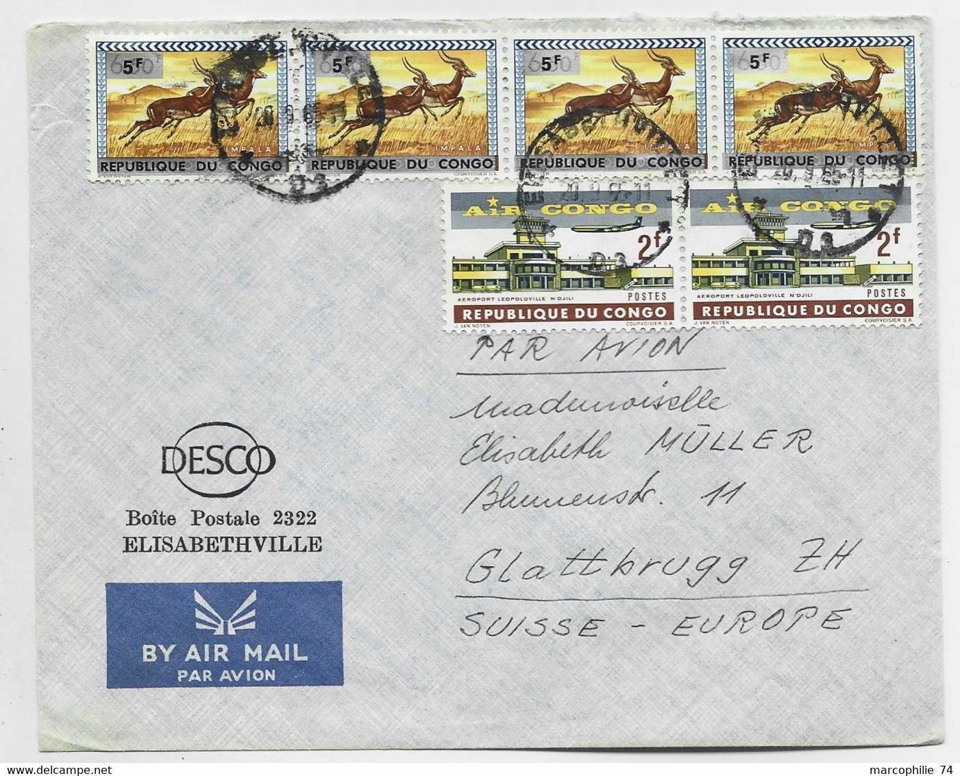 CONGO  5FRX4+2FRX2 LETTRE  COVER ELISBATHVILLE  1965 TO SUISSE - Covers & Documents