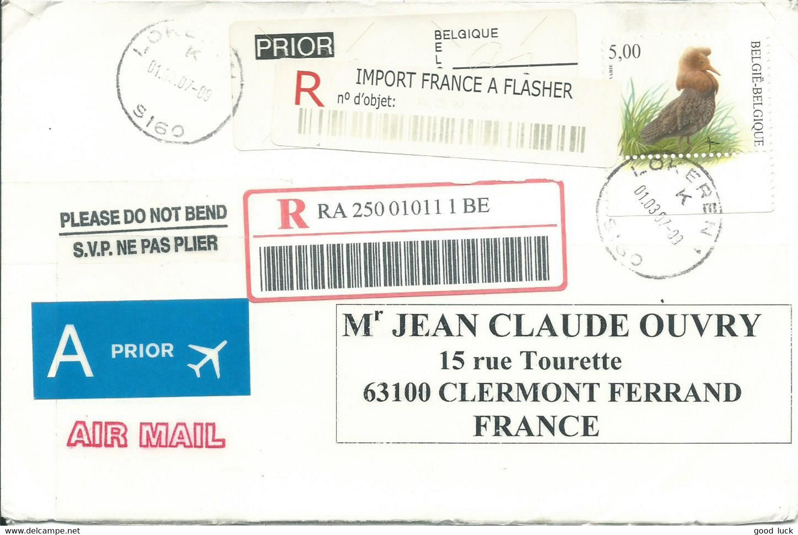 BELGIQUE  5€ DE LOKEREN  SEUL SUR LETTRE POUR CLERMONT FERRAND ( FRANCE ) RECOMMANDE PAR AVION DE 2007  LETTRE COVER - Cartas & Documentos