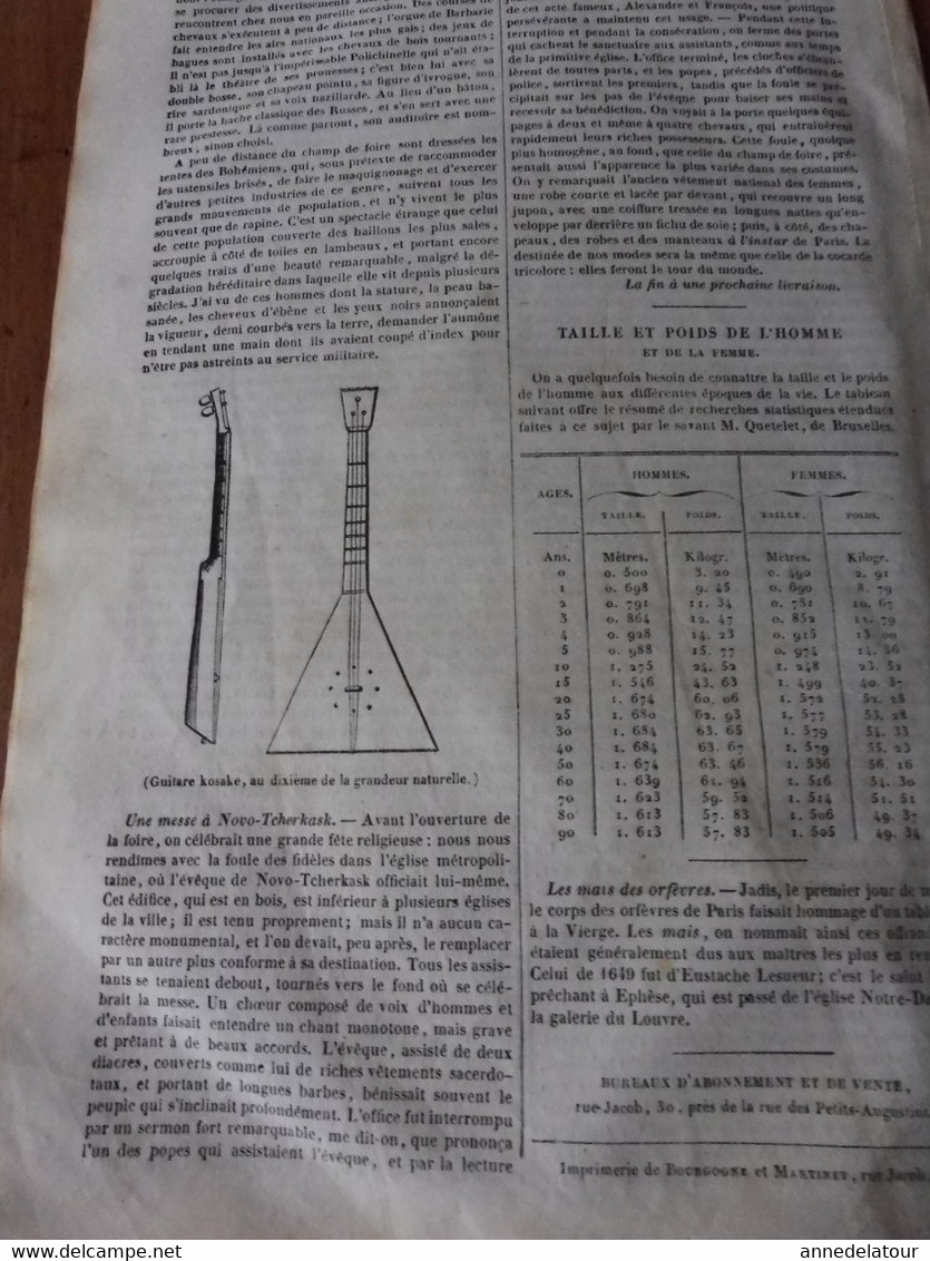 Année 1839: Berlin; Cuisine chinoise; Le Podargus de la Nlle-Guinée (Engoulevent); Les kosaks (cosaques) du Don; etc