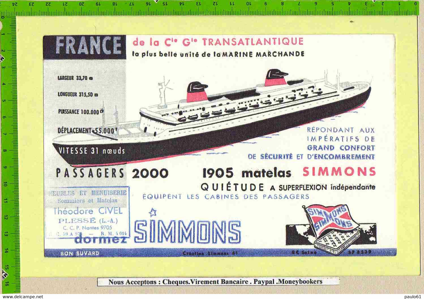 BUVARD+Lettre :Le Paquebot " FRANCE "+Lettre Avec Enveloppe Ecusson Embossé Du France TRANSATLANTIQUE  Matelas - Transportmiddelen