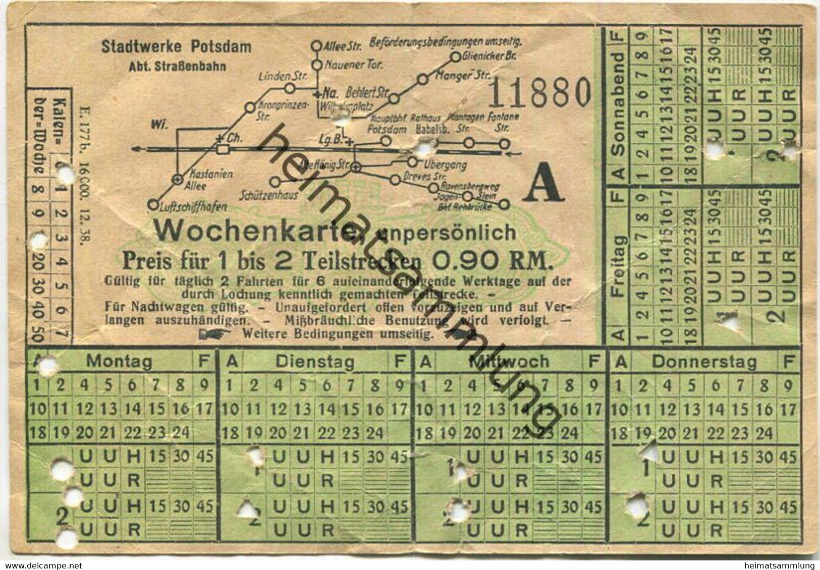 Deutschland - Stadtwerke Potsdam - Abt. Strassenbahn - Wochenkarte - Preis Für 1 Bis 2 Teilstrecken 0.90 RM 1938 - Fahrk - Europa