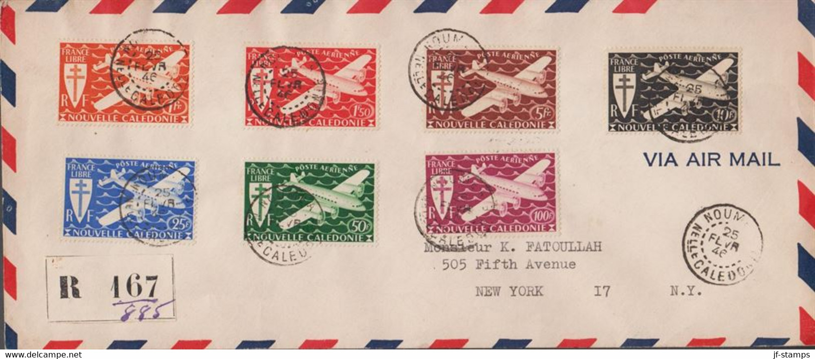 1946. NOUVELLE-CALEDONIE. REGISTERED Over To USA With Complete Set FRANCE LIBRE AIR MAIL ... (Michel 296-302) - JF425181 - Storia Postale