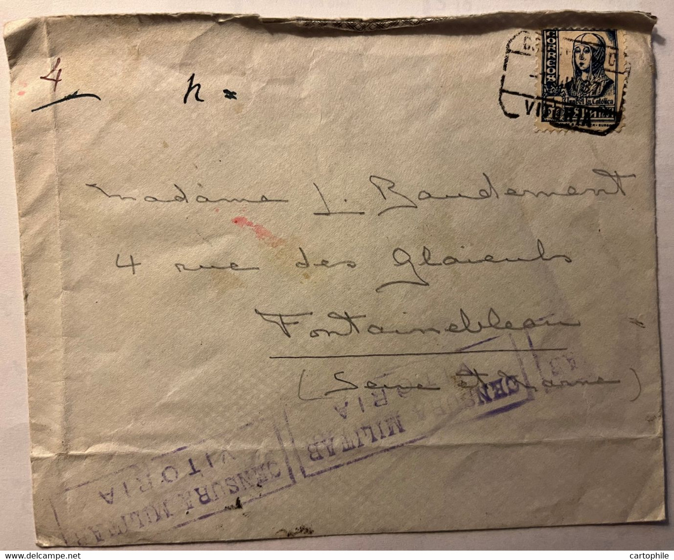 LSC Espagne De 1937 Avec Cachet Censura Militar Vitoria Pour Mme Baudement à Fontainebleau France - Autres & Non Classés