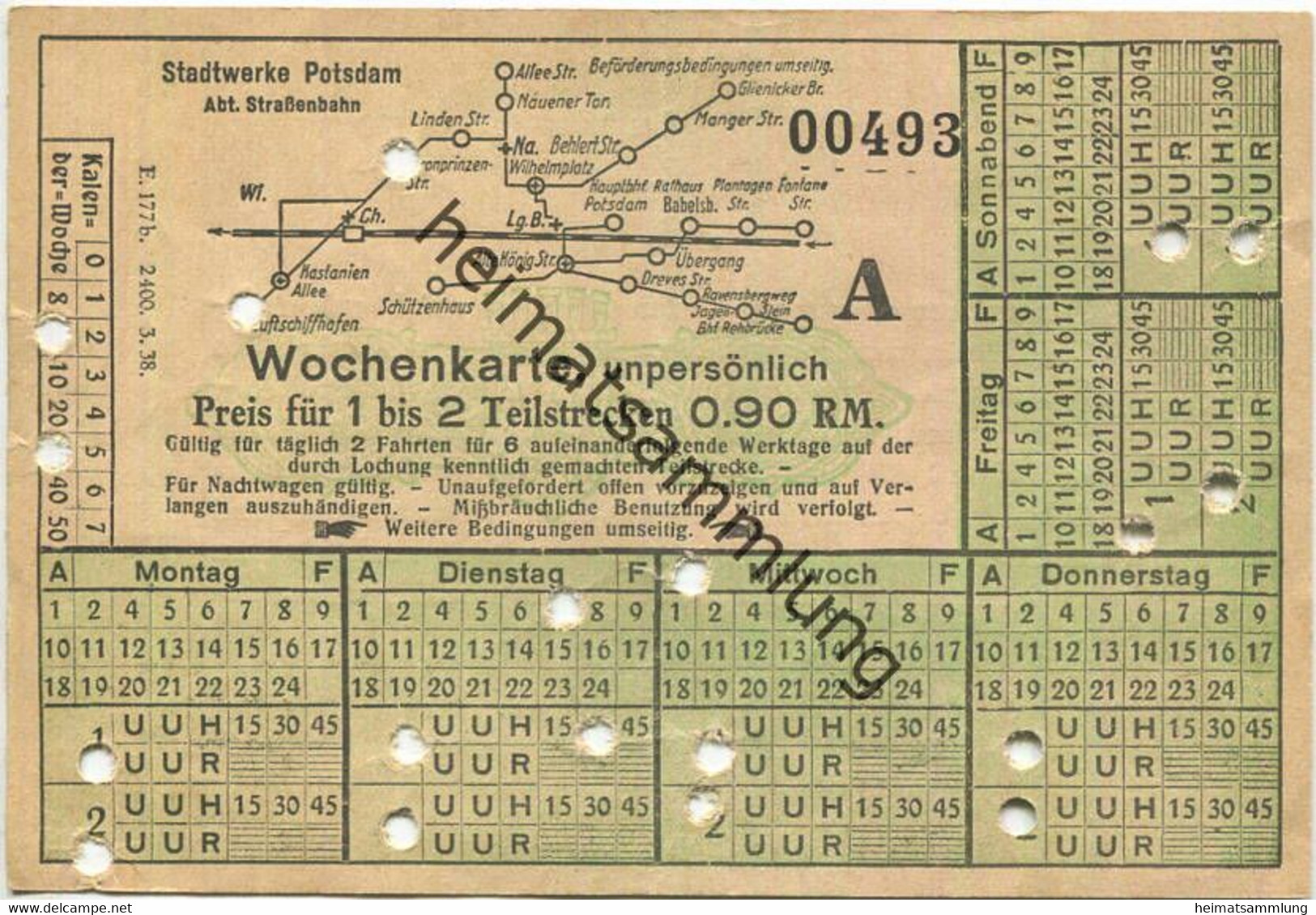 Deutschland - Stadtwerke Potsdam - Abt. Strassenbahn - Wochenkarte - Preis Für 1 Bis 2 Teilstrecken 0.90 RM 1938 - Fahrk - Europe