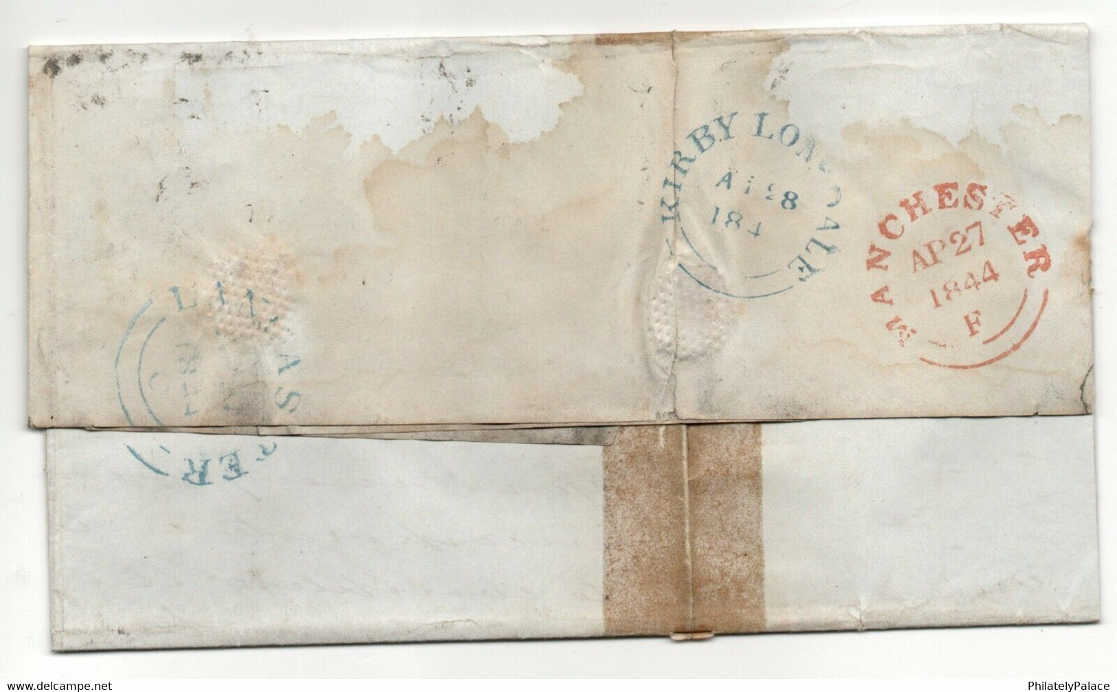 GB 1844 1d Red Imperf Strip Of 4 Black MX Cover (Entire) To Kirkby Lonsdale (**) Red Penny Strip Of Four - 1840 Mulready Omslagen En Postblad