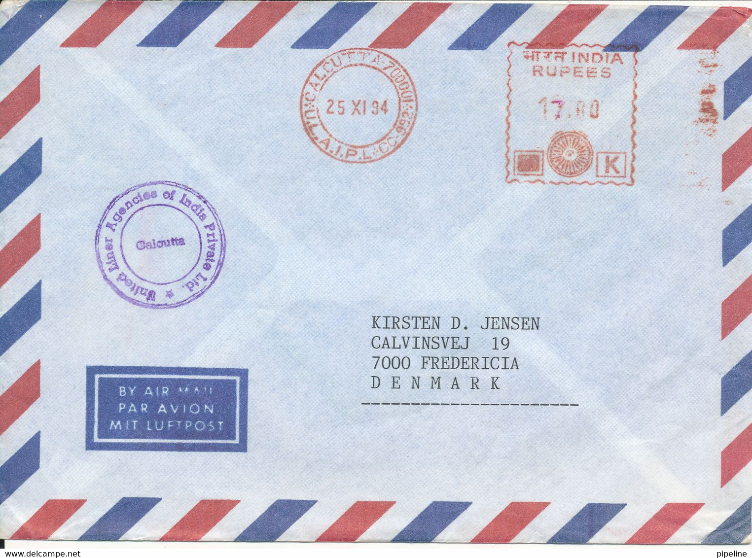 India Air Mail Cover With Meter Cancel Calcutta 25-6-1994 Sent To Denmark - Poste Aérienne