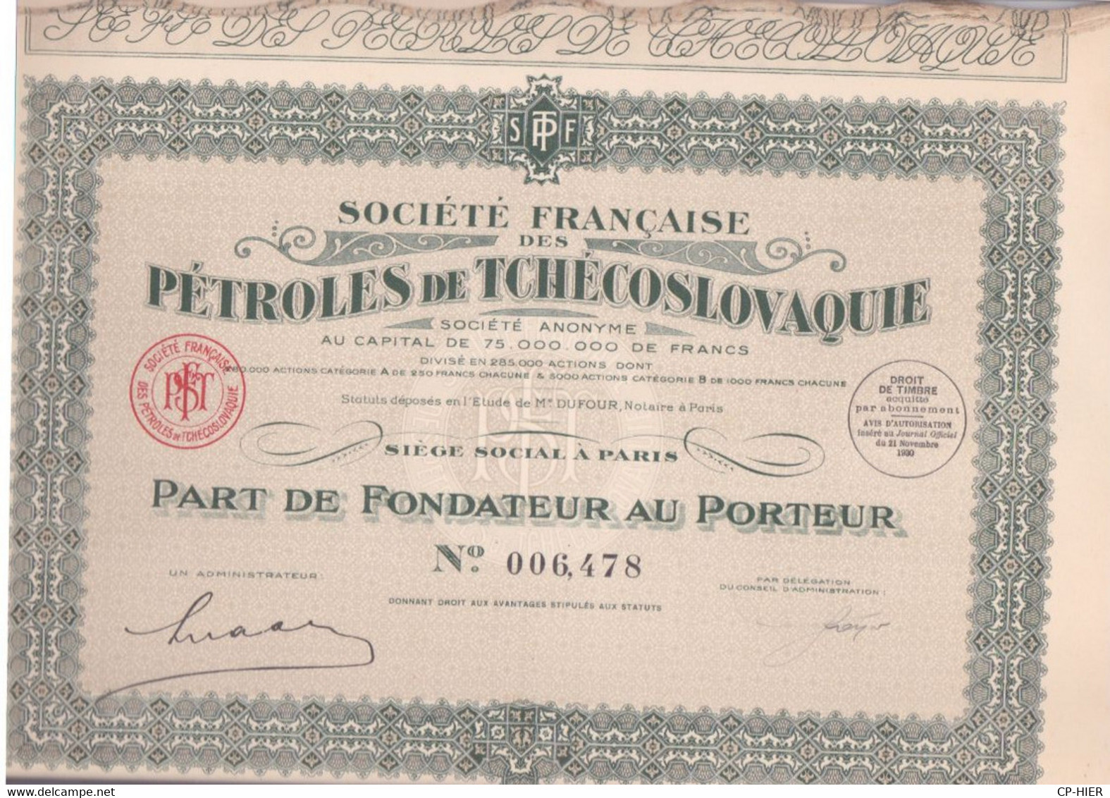 ACTIONS TITRES - SOCIETE FRANCAISE PETROLES DE TCHECOSLOVAQUIE  - ACTION DE 100 F AU PORTEUR - Erdöl