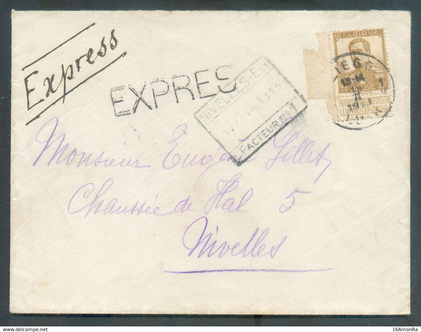 N°113 - 35 Centimes PELLENS obl. Sc LIEGE 1 sur Enveloppe EXPRES du 19-II-1913 Vers NIVELLES-EST FACTEUR N°1 (cachet Fer - 1912 Pellens