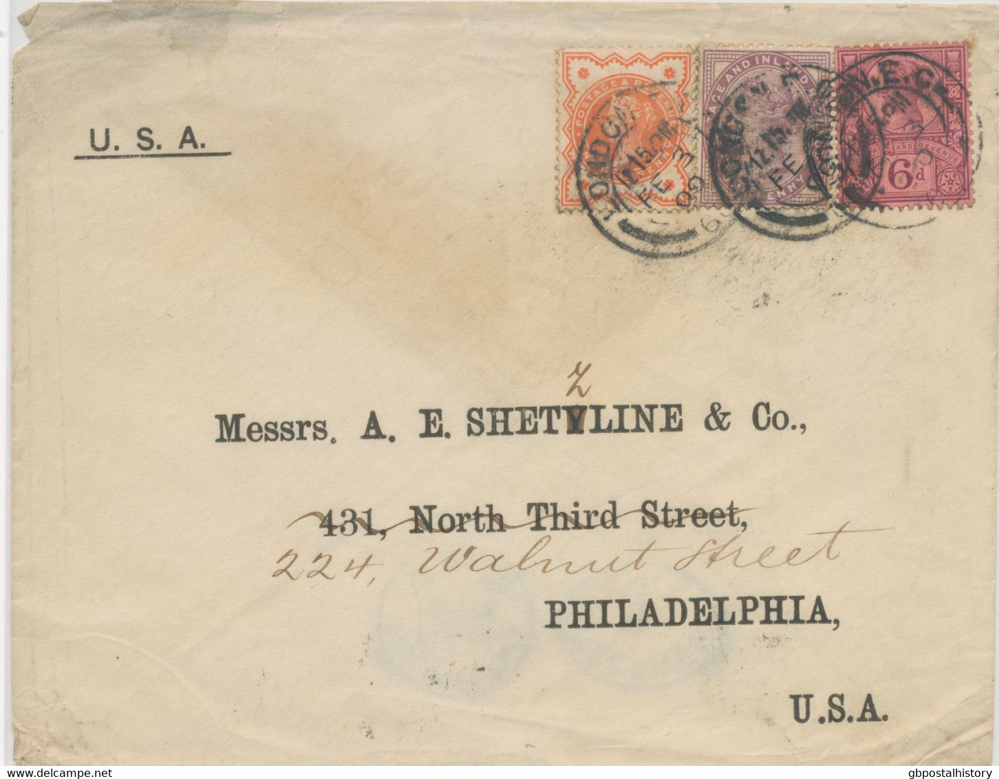 GB 1900 QV Very Fine Used Re-directed Cover To USA Franked With 1d Lilac And Jubilee ½d And 6d (total Postage 7½d = Rare - Storia Postale