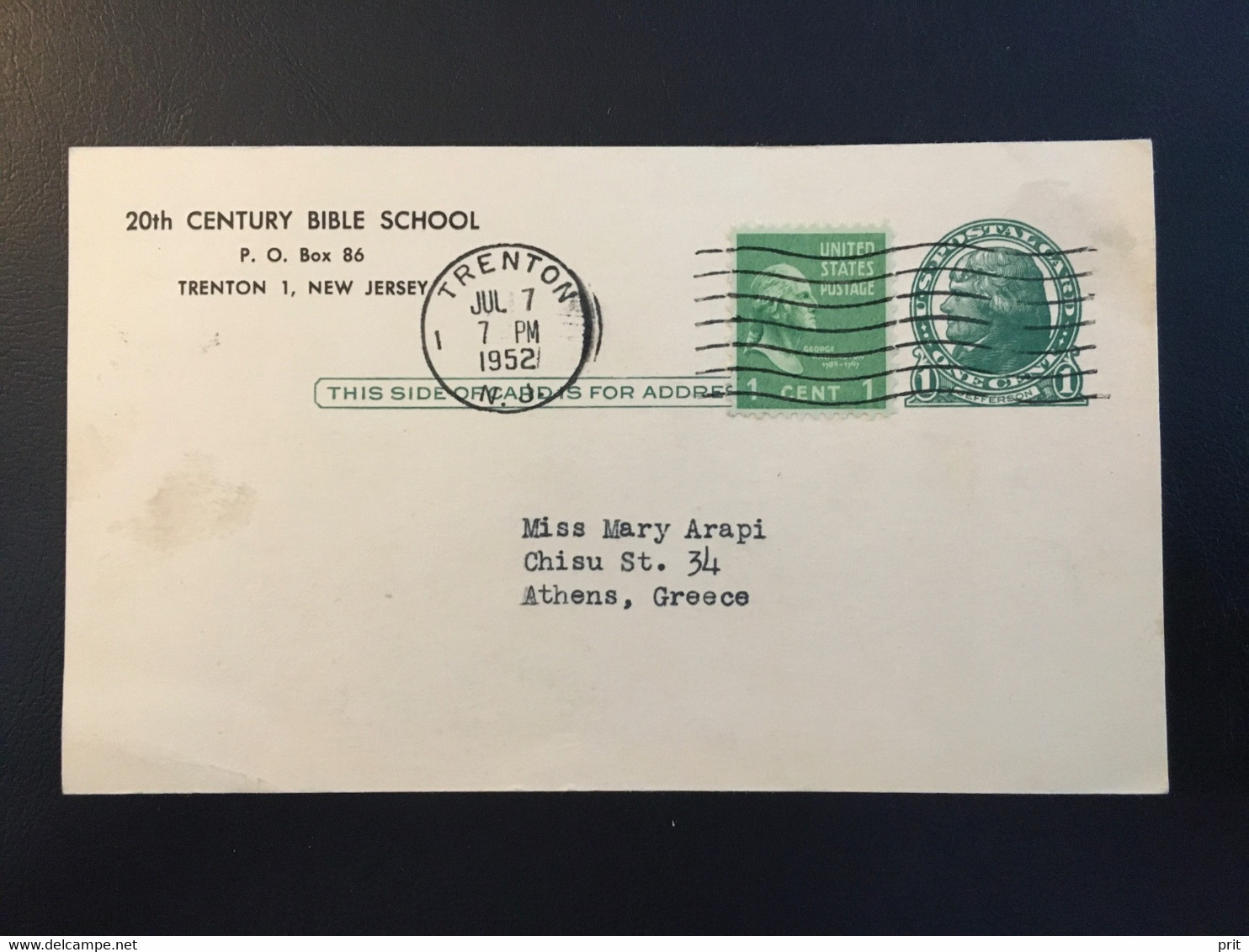 United States 1952 1C+1C Uprated Postal Stationery Card From Trenton N.J. 20th Century Bible School To Athens Greece - 1941-60