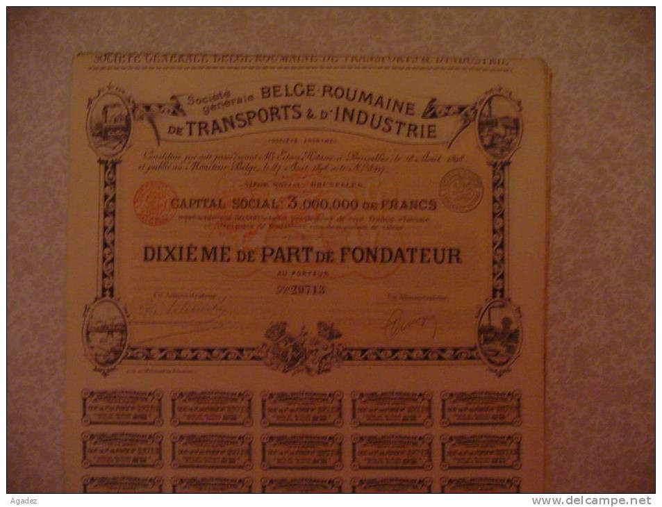 Sté Generale Belge Roumaine De Transports Et D'industrie 1898 Part De Fondateur  (Roumanie)Tramways,bateaux. - Transport