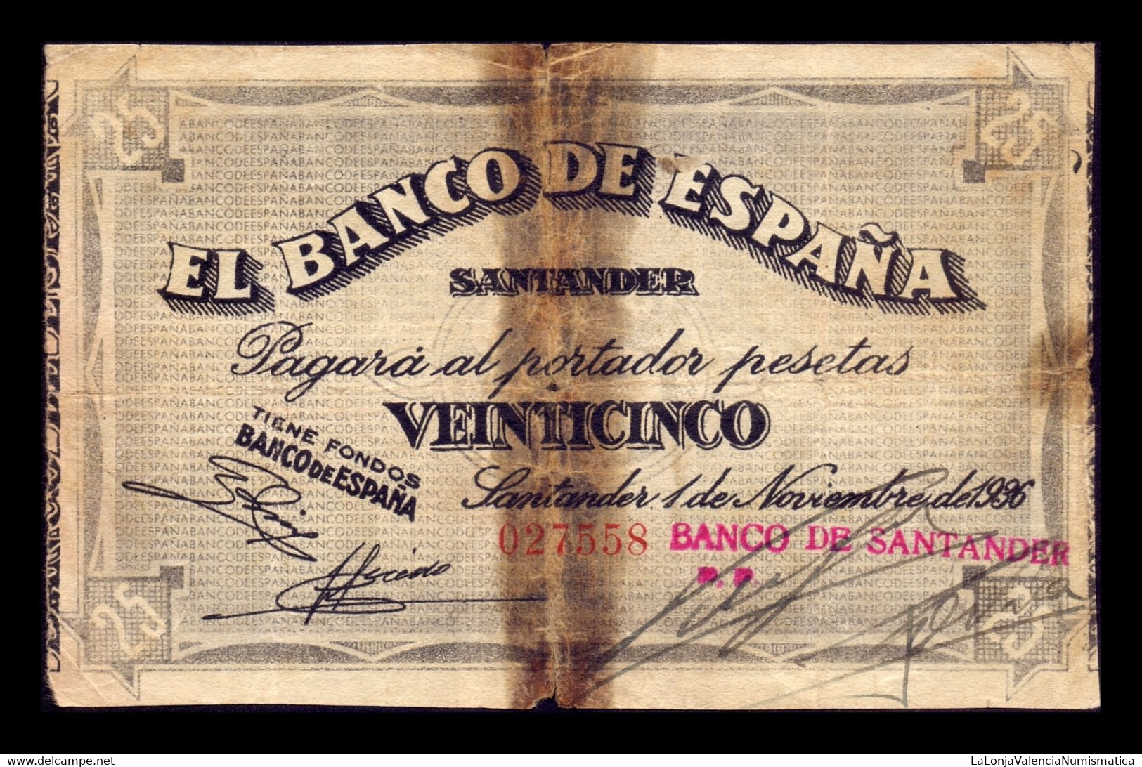 España Spain Guerra Civil 25 Pesetas Santander 1936 Pick S583e BC- G - 25 Pesetas