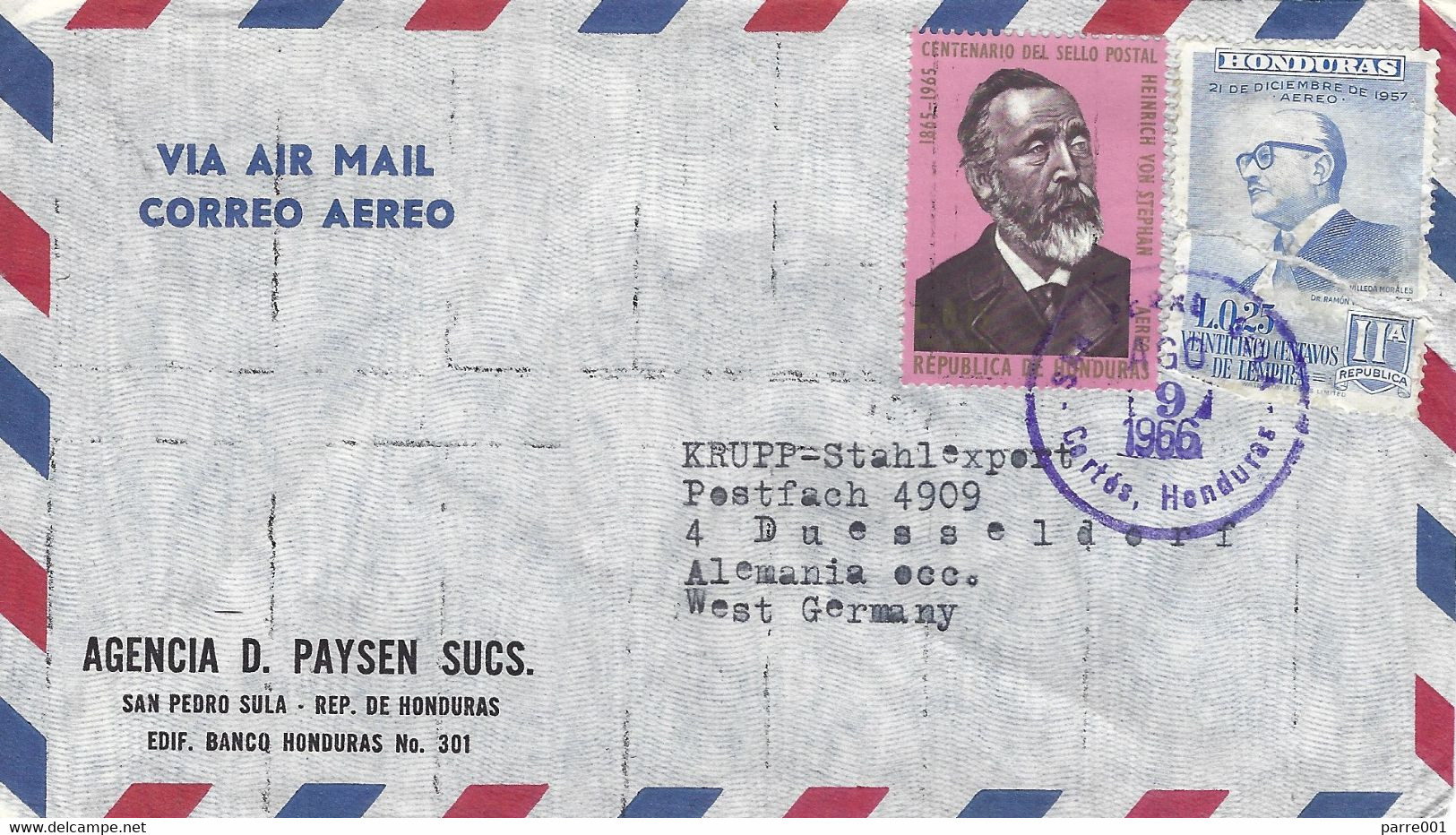 Honduras 1966 Cortes UPU Heinrich Von Stephan Cover - UPU (Universal Postal Union)