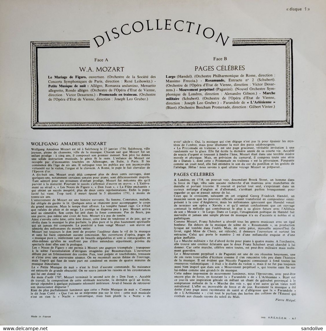 Discollection N° 1: Oeuvres De Mozart Et Pages Célèbres D'autres Musiciens Vinyle 33 Tours - Sonstige - Deutsche Musik