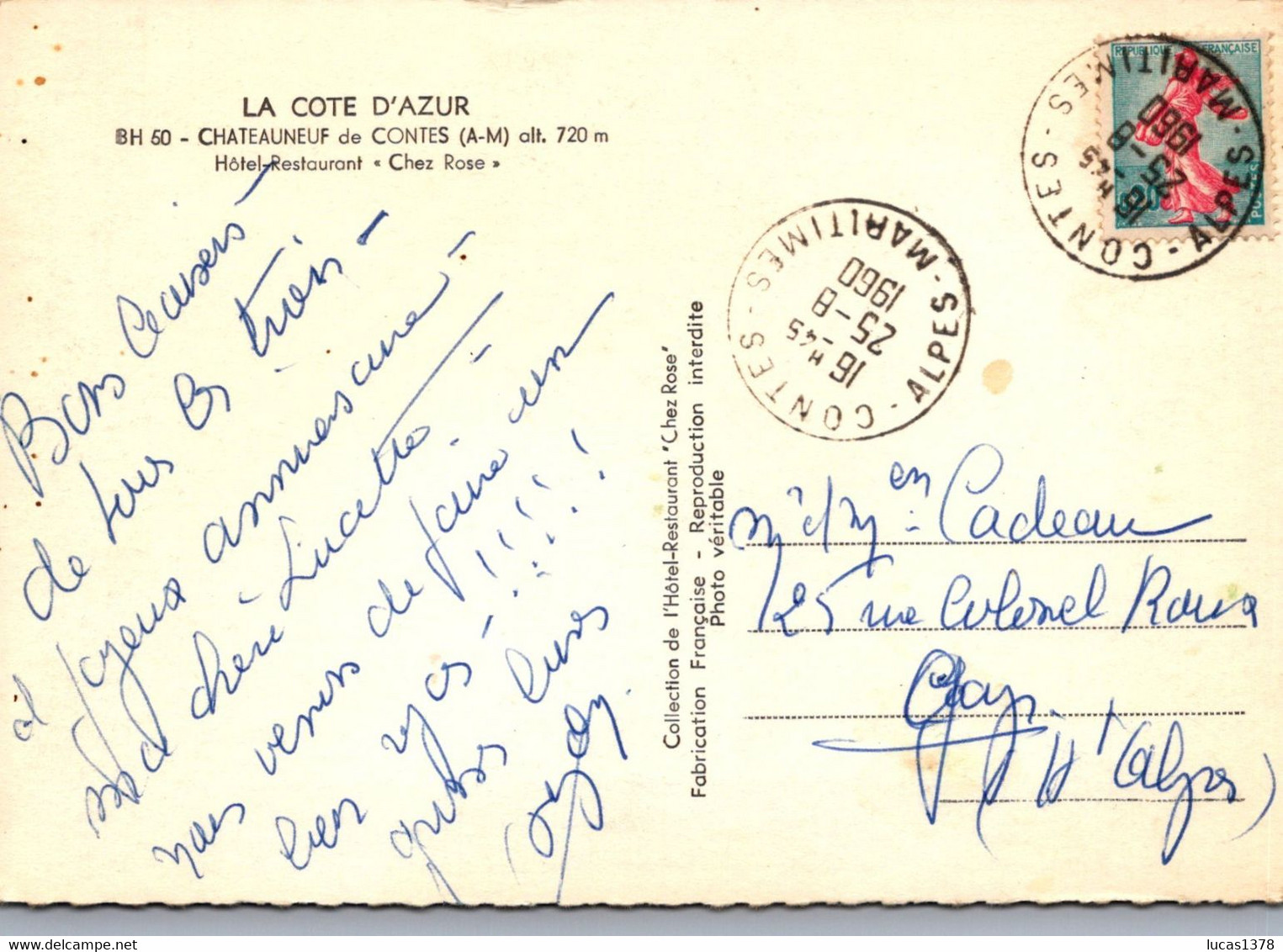 06 / CHATEAUNEUF DE CONTES / HOTEL RESTAURANT CHEZ ROSE / TRES BELLE CARTE 1960 - Contes