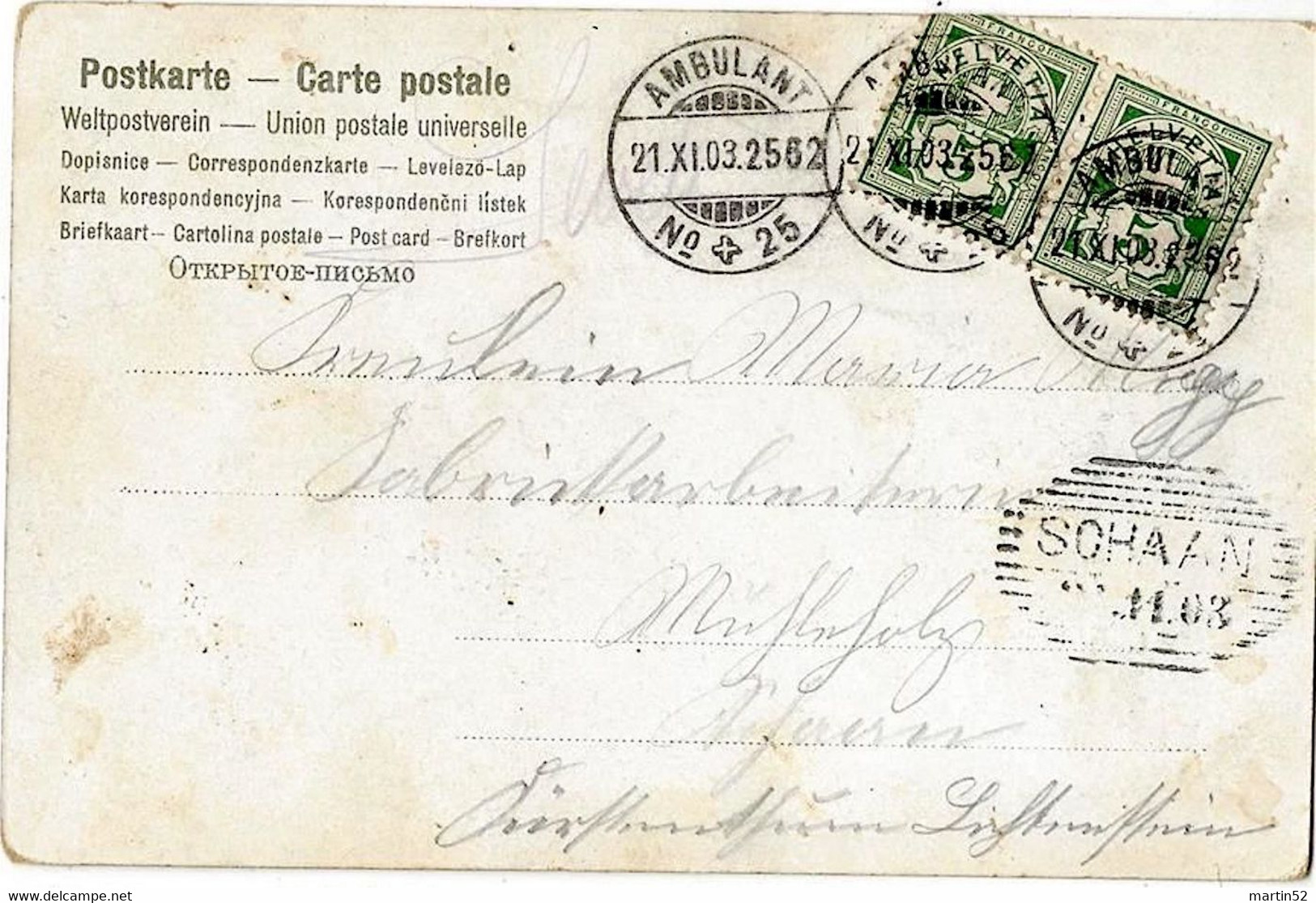 Liechtenstein 1903: Bild-PK CPI Mit ⊙ AMBULANT 21.IX.03 N°+25 Vorläuferpost Poste Précurseur Mit ⊙ SCHAAN 21.II.03 - ...-1912 Préphilatélie