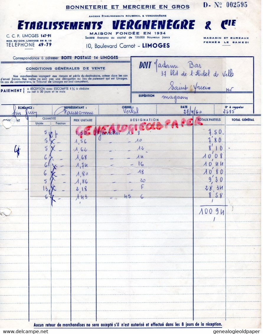 87- LIMOGES- FACTURE BONNETERIE MERCERIE ETS. VERGNENEGRE- 10 BOULEVARD CARNOT-M. BAR ST SAINT YRIEIX LA PERCHE-1960 - Kleidung & Textil