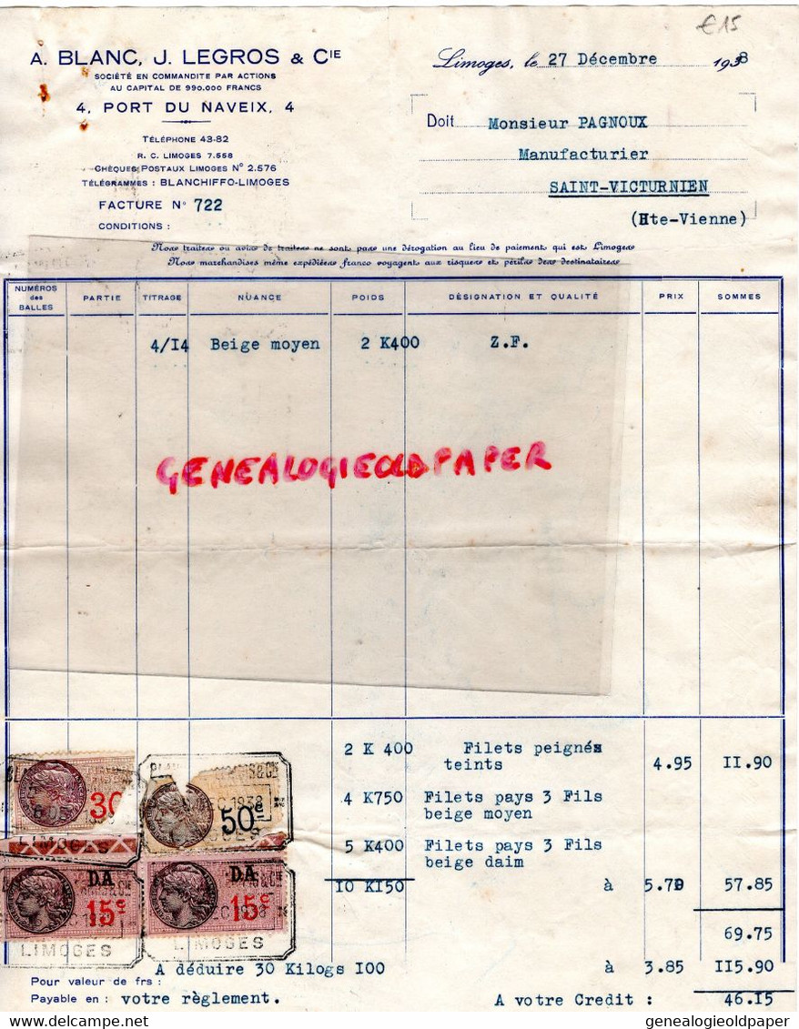 87 - LIMOGES - FACTURE A. BLANC & J. LEGROS-CONFECTION -4 PORT DU NAVEIX- M. PAGNOUX MANUFACTURIER ST SAINT VICTURNIEN- - Textile & Vestimentaire
