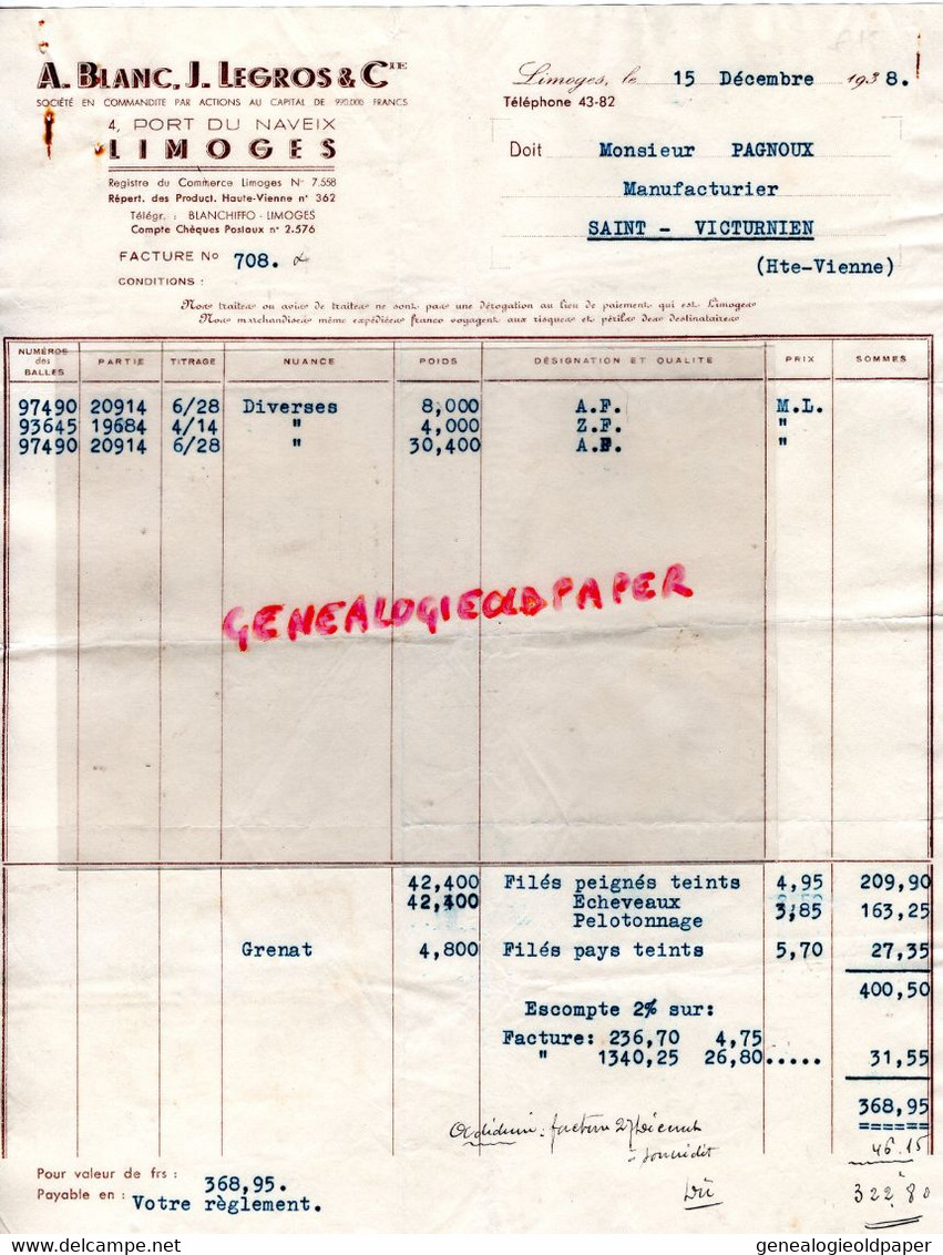 87 - LIMOGES - FACTURE A. BLANC & J. LEGROS-CONFECTION -4 PORT DU NAVEIX- M. PAGNOUX MANUFACTURIER ST SAINT VICTURNIEN- - Textile & Vestimentaire