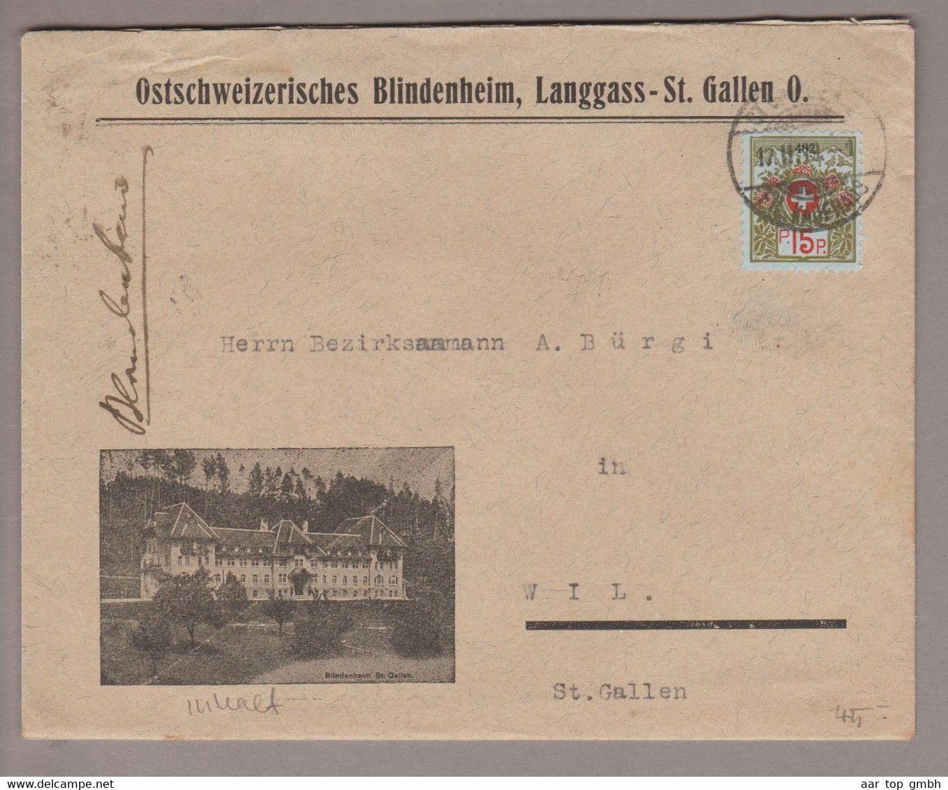 CH Portofreiheit 1919-02-17 St.Gallen Brief Mit Inhalt Mit Zu#6A Kl#402 Ostschweiz. Blindenheim, Langgass-St.Gallen - Franchise