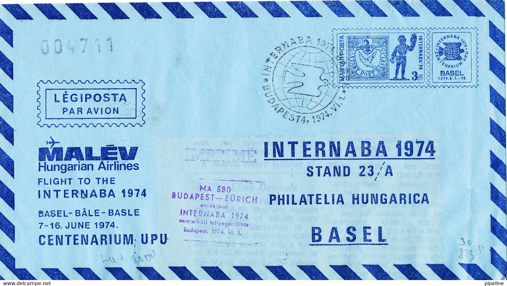 Hungary Air Mail Cover Internaba Basel 1974 UPU Centenary Flown With Malev Budapest - Zürich 1-6-1974 - Storia Postale