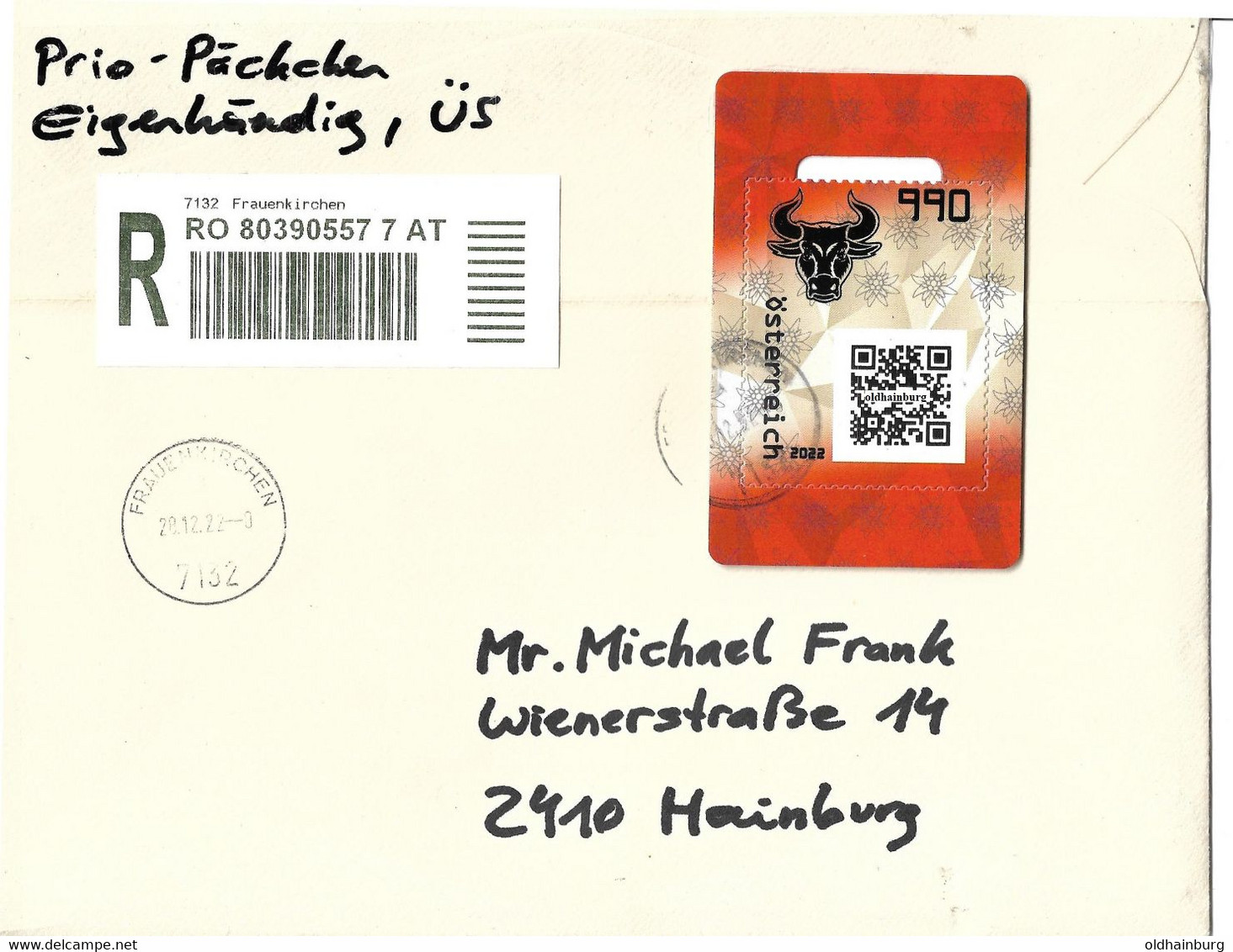 4131b: Heimatbeleg 7132 Frauenkirchen, Crypto- Stamp O, Registered Letter (mit Extras Lt. Scan) - Brieven En Documenten