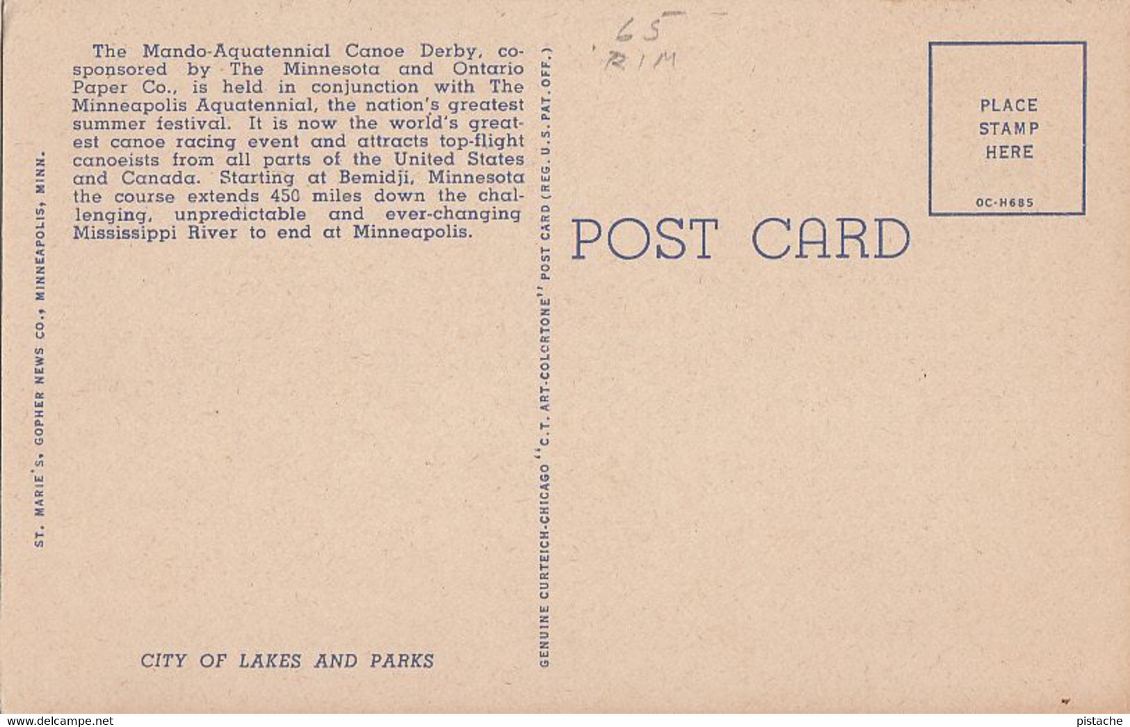 3218 – Minneapolis Minnesota MN – Canoe Derby – Linen – VG Condition – 2 Scans - Minneapolis