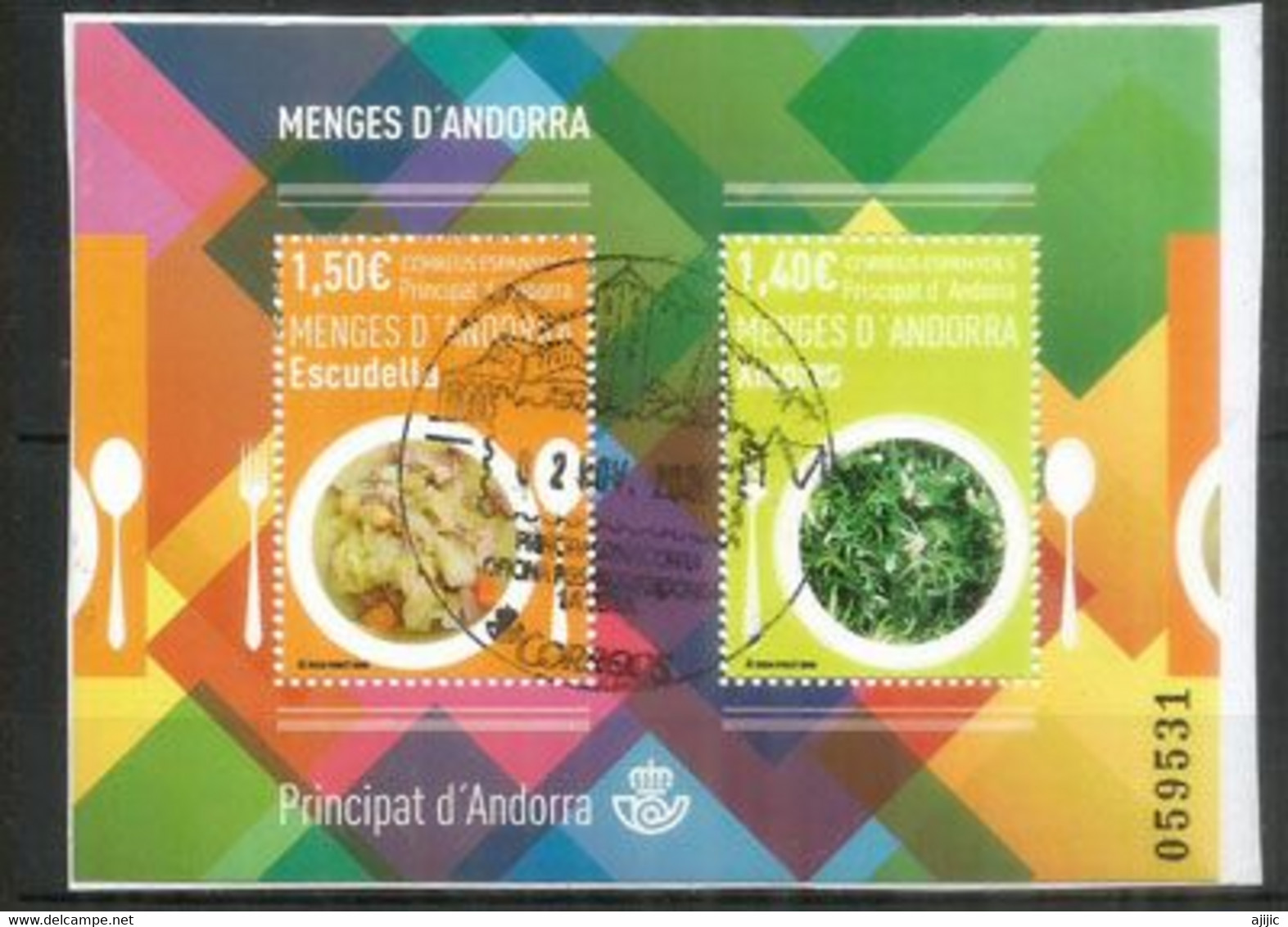 ANDORRA. La Gastronomie (ses Spécialités) Xicoies & Escudella (Salade De Pissenlits & Ragoût).Bloc-Feuillet Oblitéré - Used Stamps