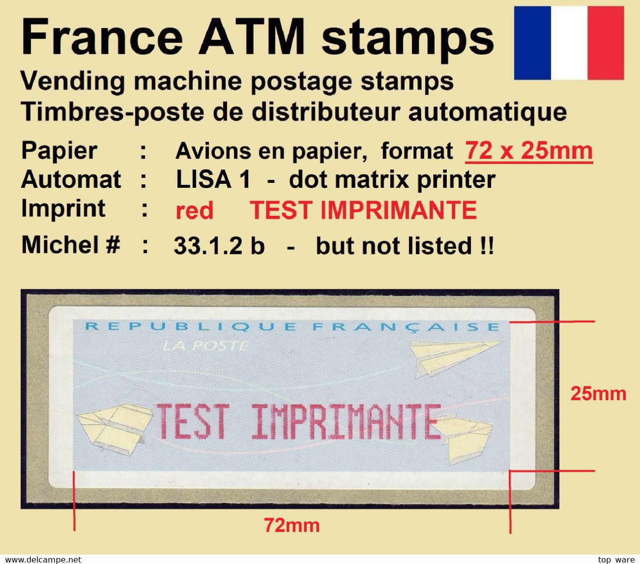 France ATM 33.1.2 B / Avions / Roter Aufdruck / TEST IMPRIMANTE / Fehlt Im Michel !! / LISA Distributeurs Etiquetas - 2000 « Avions En Papier »