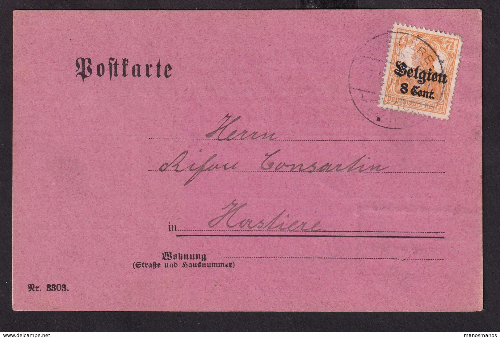 003/38 A - Carte De Service Allemande TP Germania HASTIERE LAVAUX 1918 - Cachet NORD BELGE Gratté De La Gare De HASTIERE - Nord Belge