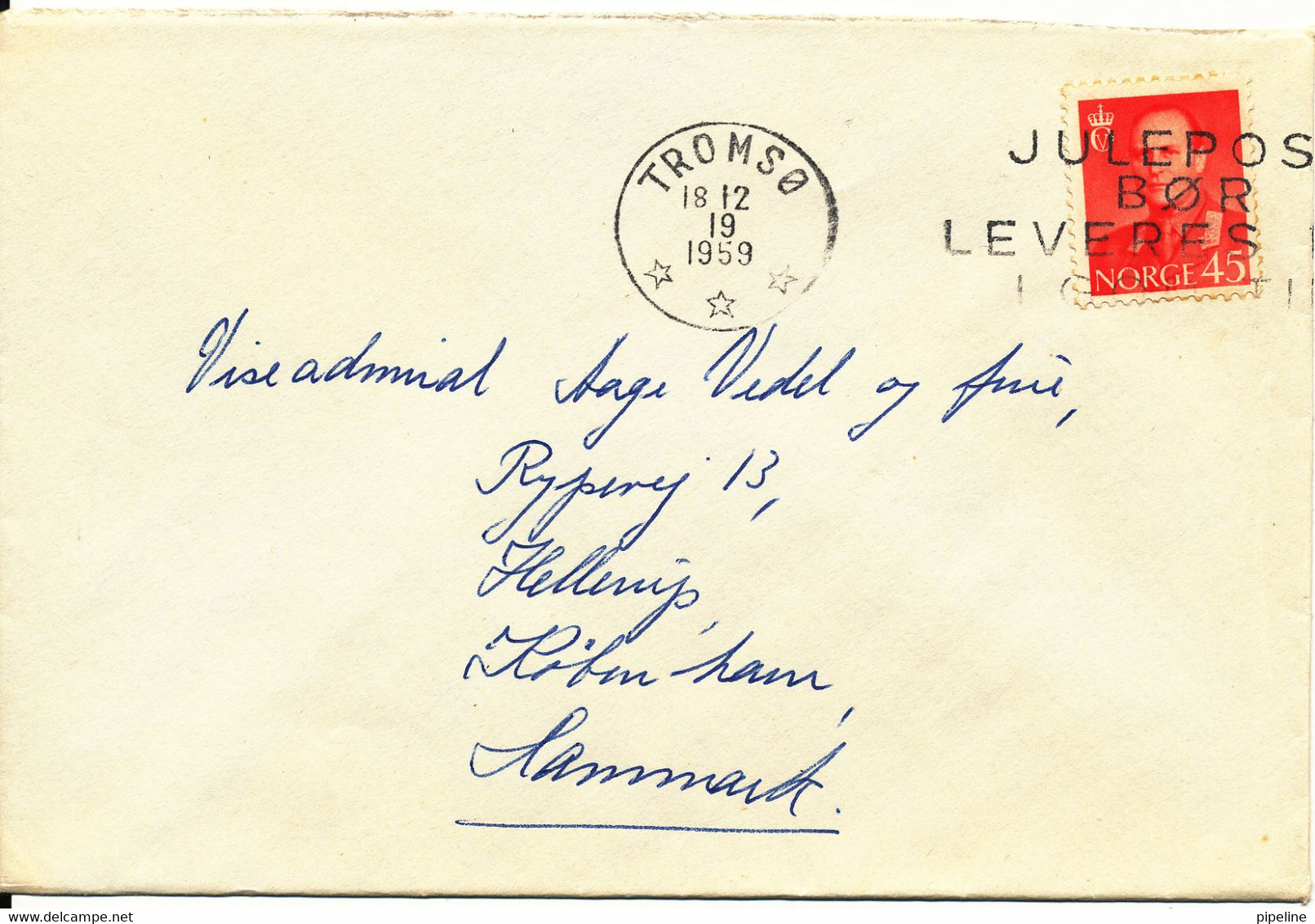 Norway Cover Sent To Denmark Tromsö 18-12-1959 Single Franked - Briefe U. Dokumente