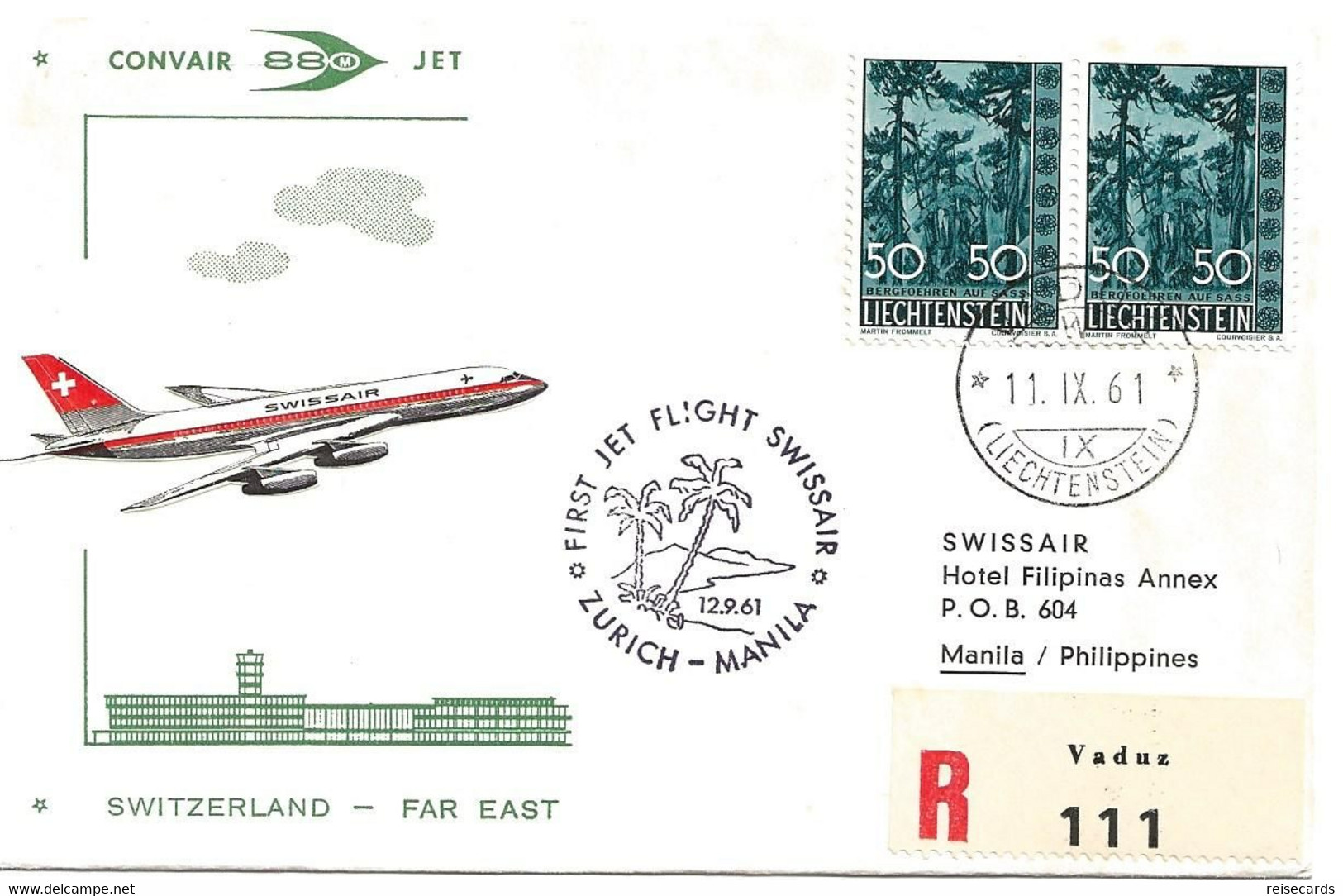 Liechtenstein: 1961 Swissair Air Mail Brief Zürich - Manila - Briefe U. Dokumente