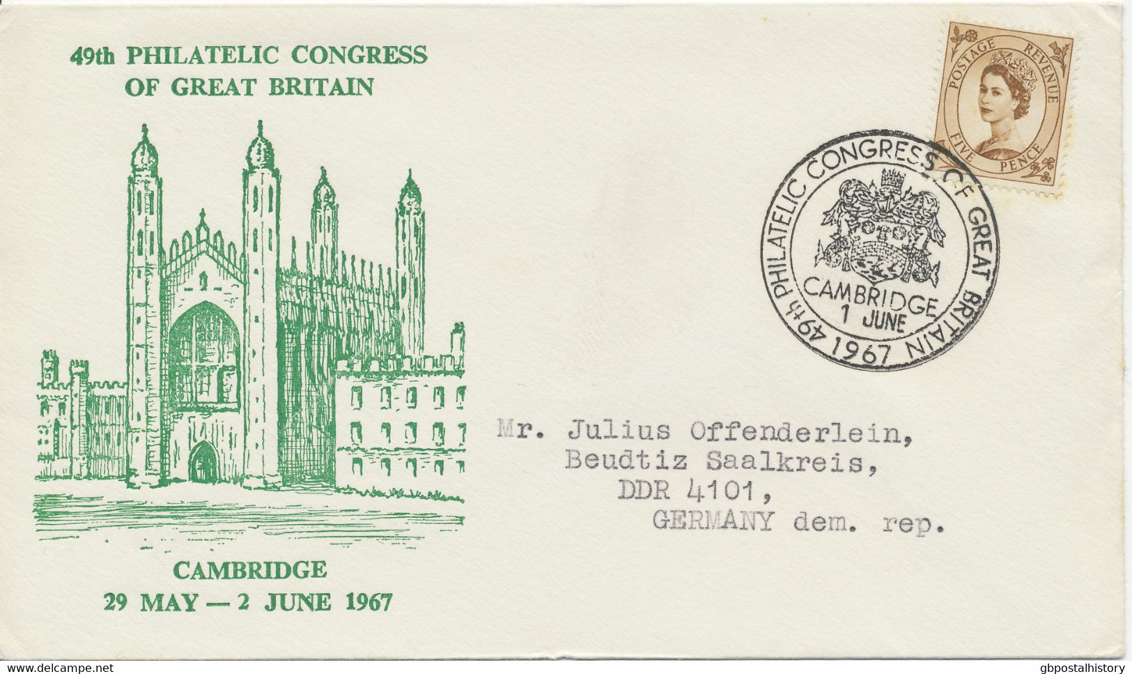 GB SPECIAL EVENT POSTMARKS PHILATELY 1967 49th Philatelic Congress Of Great Britain Cambridge Addressed To GDR! - Brieven En Documenten